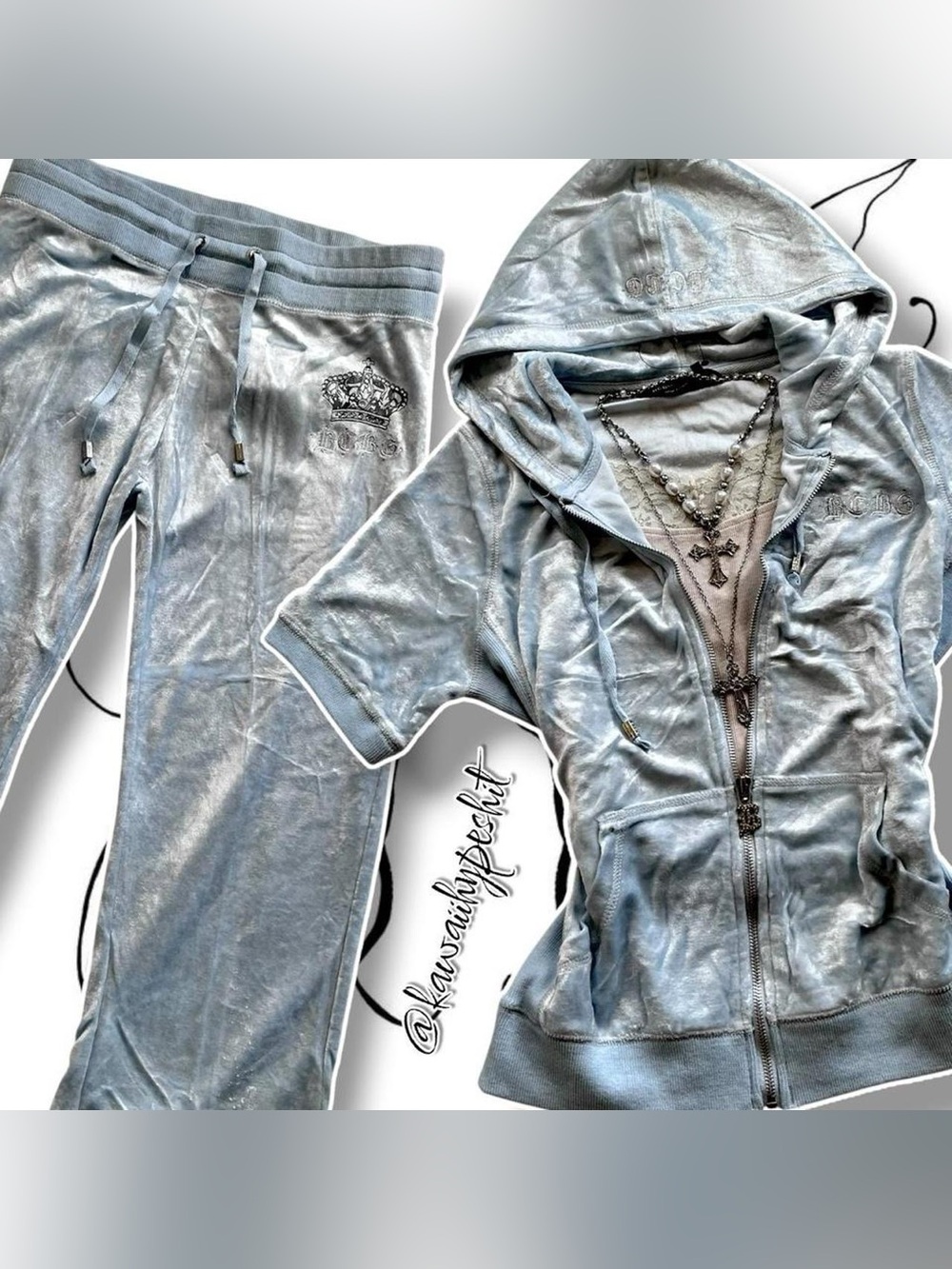 BCBGMaxAzria Light Blue Velvet Tracksuit Set w/ Crowns & Silver Rhinestones